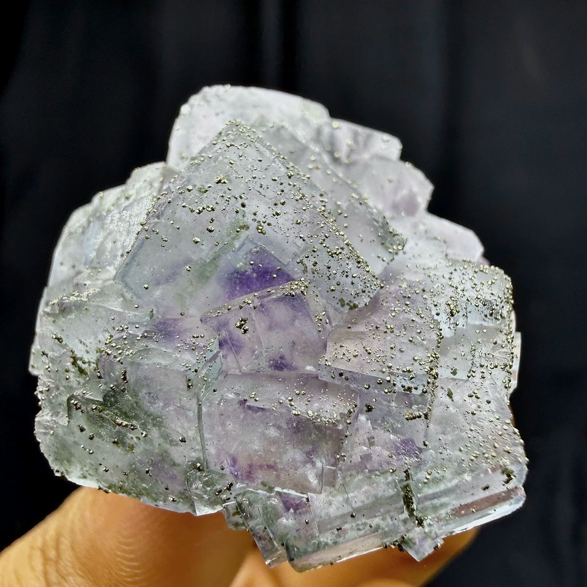Purple-cored fluorite cubes dusted with pyrite from Yaogangxian Mine, Hunan, China