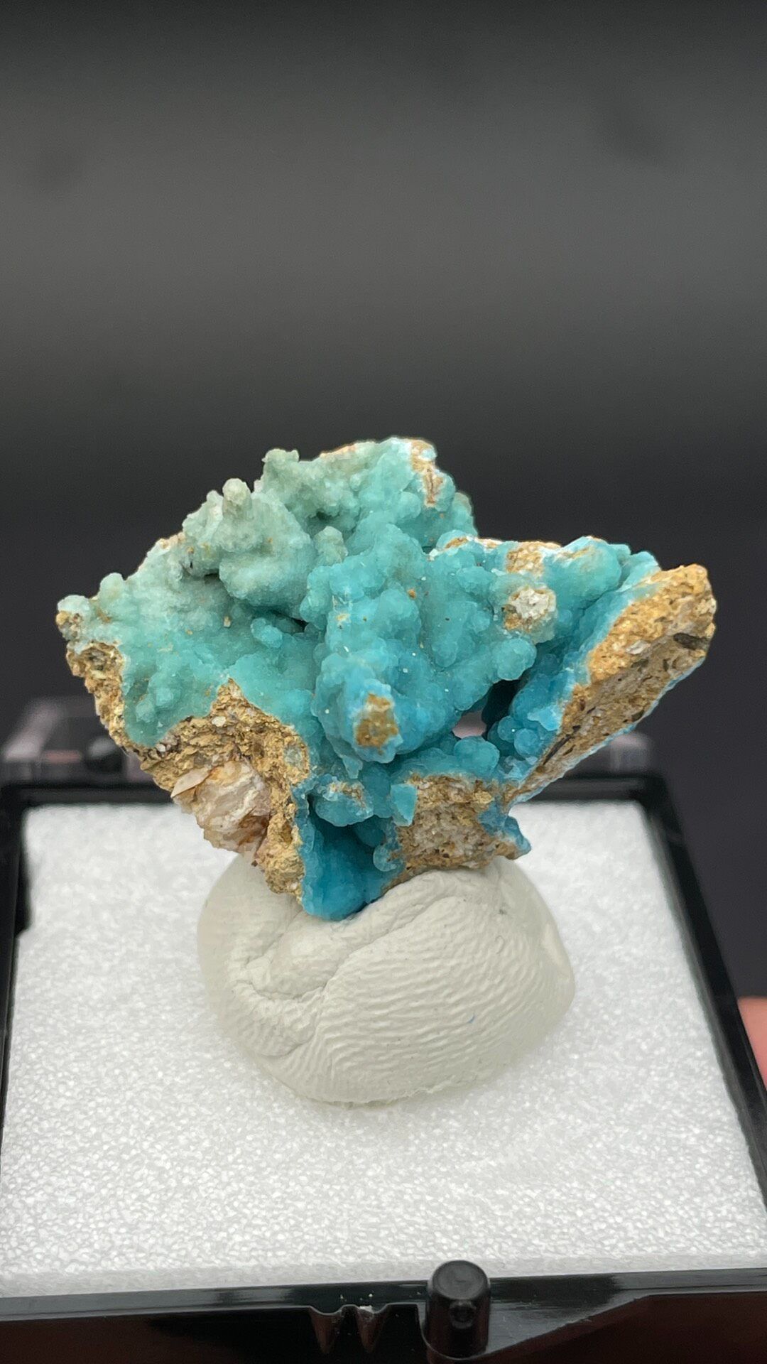 Turquoise botryoidal hemimorphite on tan matrix from Yunnan, China, in a box