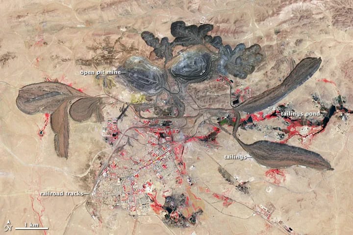False-color satellite image of the Bayan Obo rare-earth mine, Inner Mongolia, China