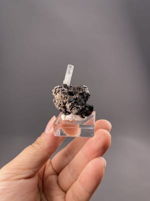 Blue aquamarine crystal with black tourmaline matrix, Erongo Mountains, Namibia