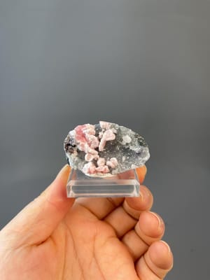 Front view of petal-form rhodochrosite with crystal accents