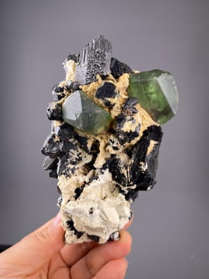 Black tourmaline and green fluorite cluster from Namibia