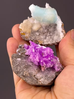 Matched pair of pink rhodochrosite and blue hemimorphite from Yunnan, China