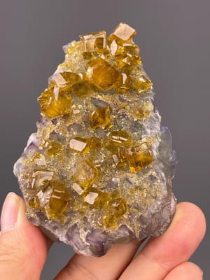 Sharp golden-yellow fluorite crystals on tabular baryte from Jiangxi, China