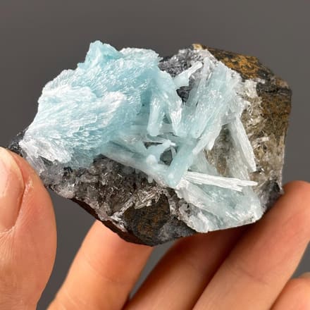 Blue hemimorphite needle crystals Yunnan China front view