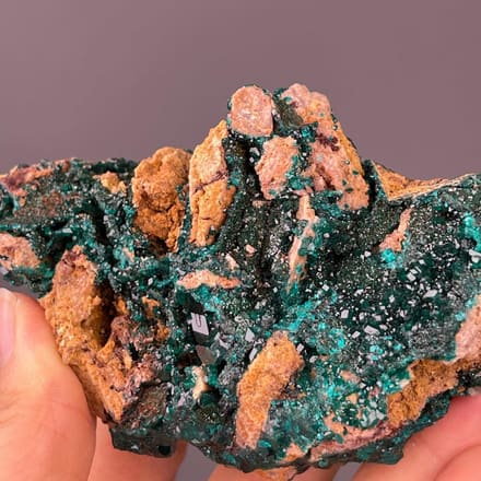 Dioptase on matrix from Morocco with vivid emerald-green crystals