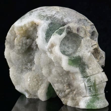 Front view of hand-carved green fluorite skull from Madagascar