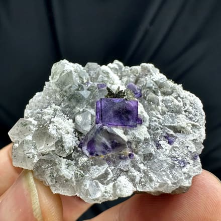 Deep purple fluorite cube on quartz with pyrrhotite from Yaogangxian Mine, Hunan, China