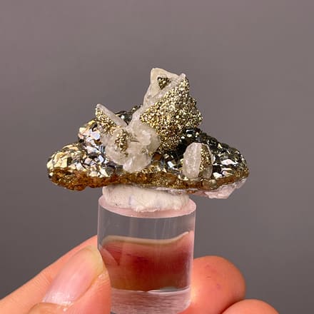 Quartz with Pyrite specimen featuring clear quartz points with brassy pyrite