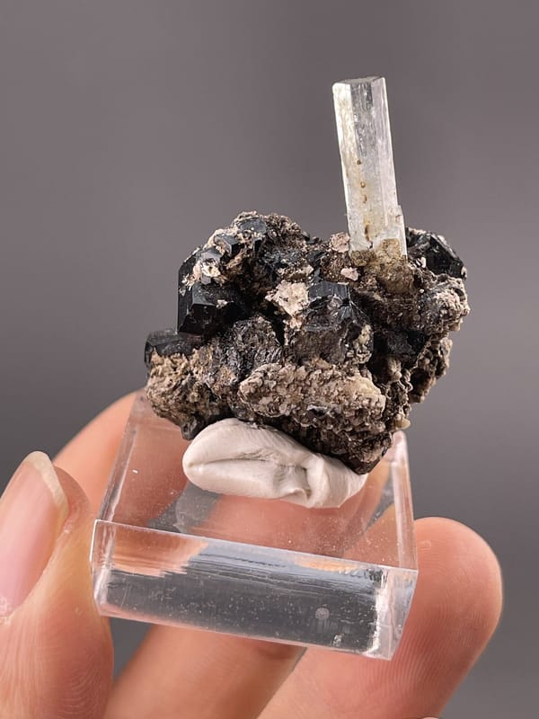 Top view of aquamarine with tourmaline showing mineral association