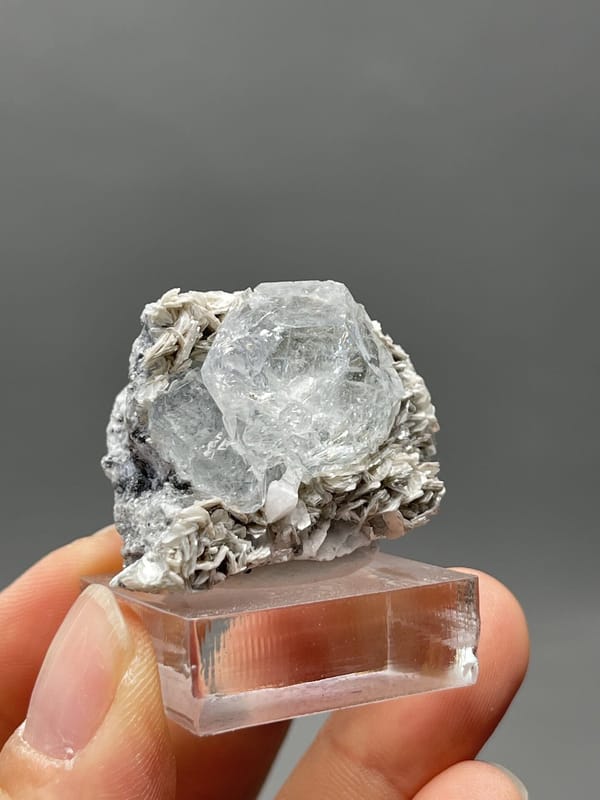 Close-up of aquamarine crystal showing blue colour and luster