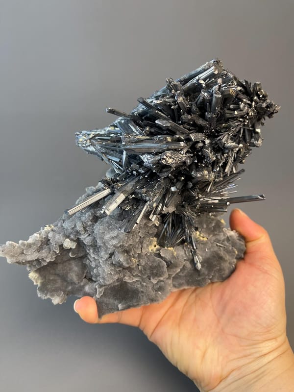 Stibnite crystals on quartz matrix from old Hunan mines