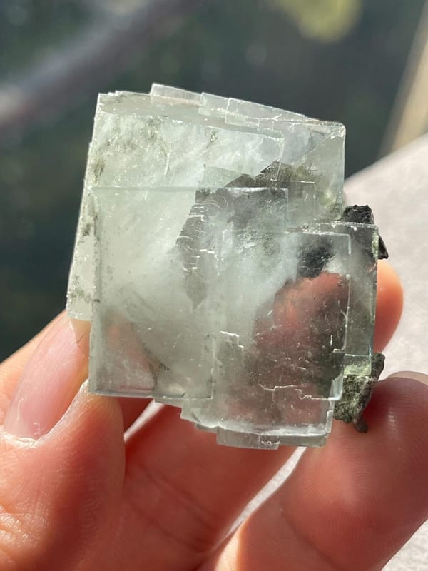 Close-up of white cotton inclusions in fluorite