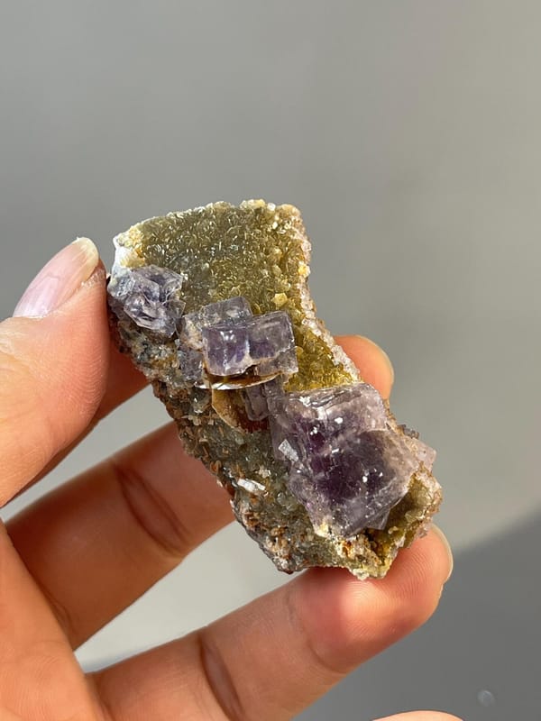 Back view of tri-twin fluorite crystal specimen