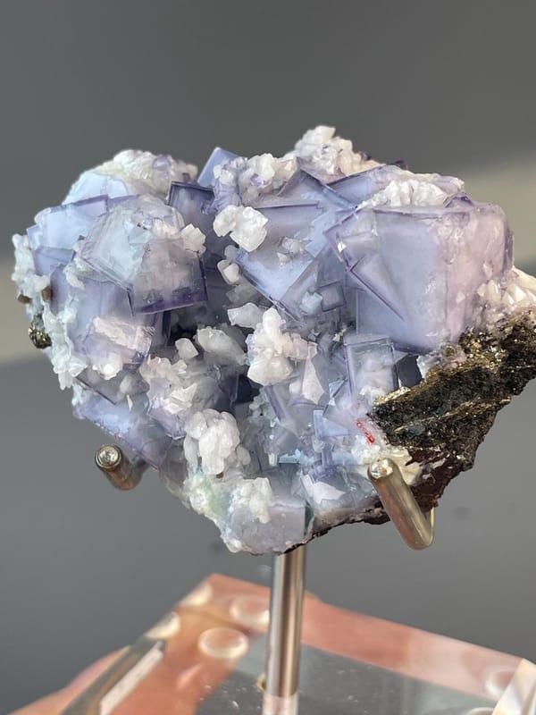 Front view of rare purple fluorite crystal from Yaogangxian