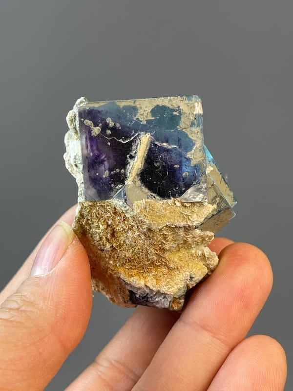 Natural blue phantom fluorite with unpolished crystal surface
