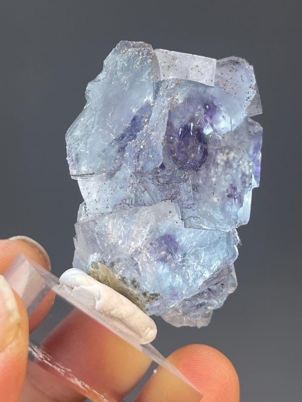 Blue-purple fluorite with visible phantom zones and pyrite crystals