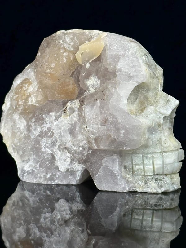 Side profile of large quartz geode skull showing crystal interior