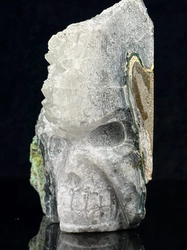 Natural druzy quartz interior view of geode skull