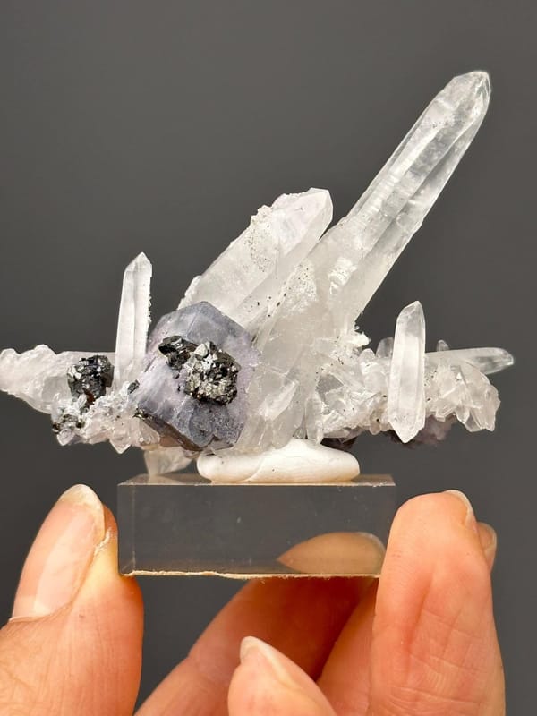 Cassiterite and quartz cluster with purple fluorite, Yaogangxian Mine, Hunan