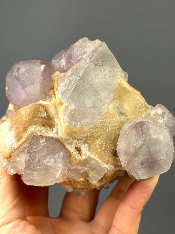 Close-up of green phantom bands within purple fluorite