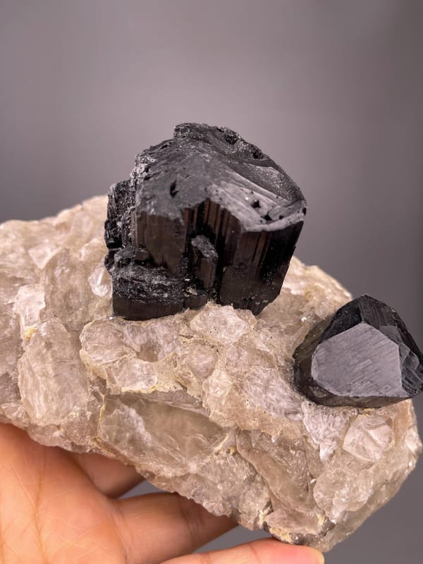Black tourmaline with smoky quartz matrix, large display specimen