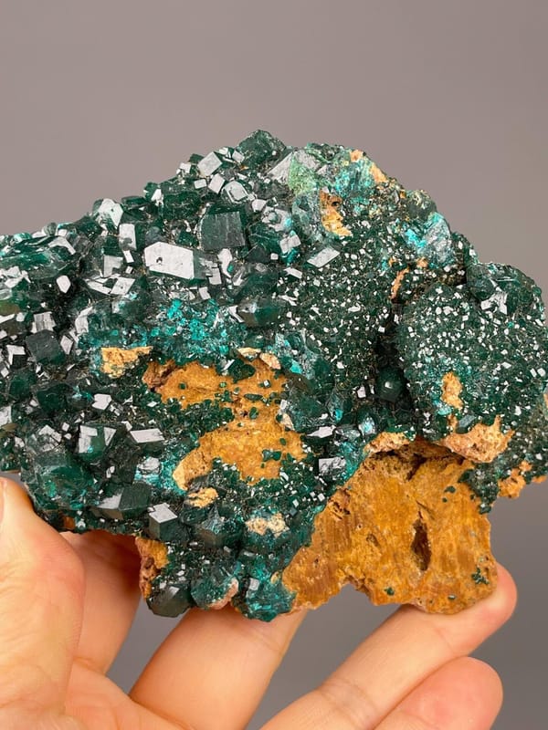 Angled view of dioptase cluster on limonite matrix