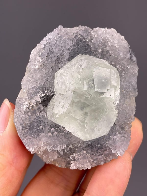 Top view of fluorite twin arrangement on quartz matrix