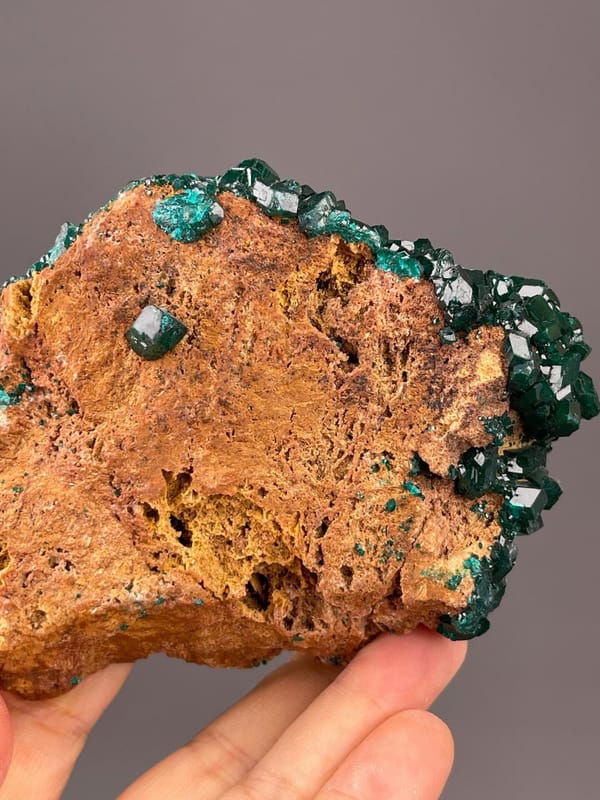 Detail of emerald-green dioptase crystal surfaces