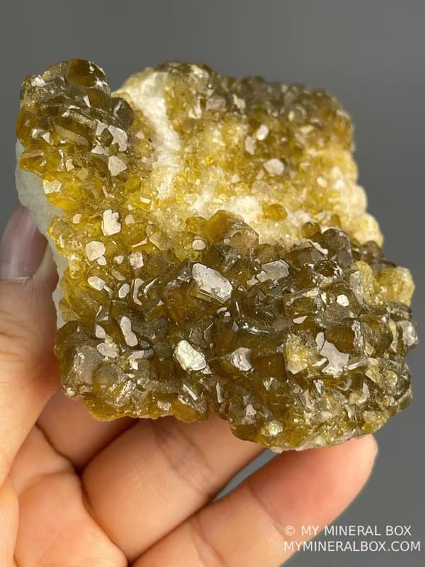 Side view of golden barite calcite cluster, Jiangxi, China