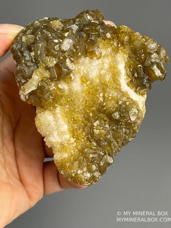 Scale view of 3.25x1.73x2.9 in golden barite calcite cluster