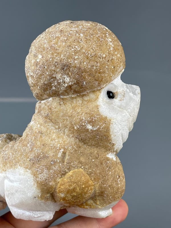 Naturalistic poodle form in hand-carved stone with onyx