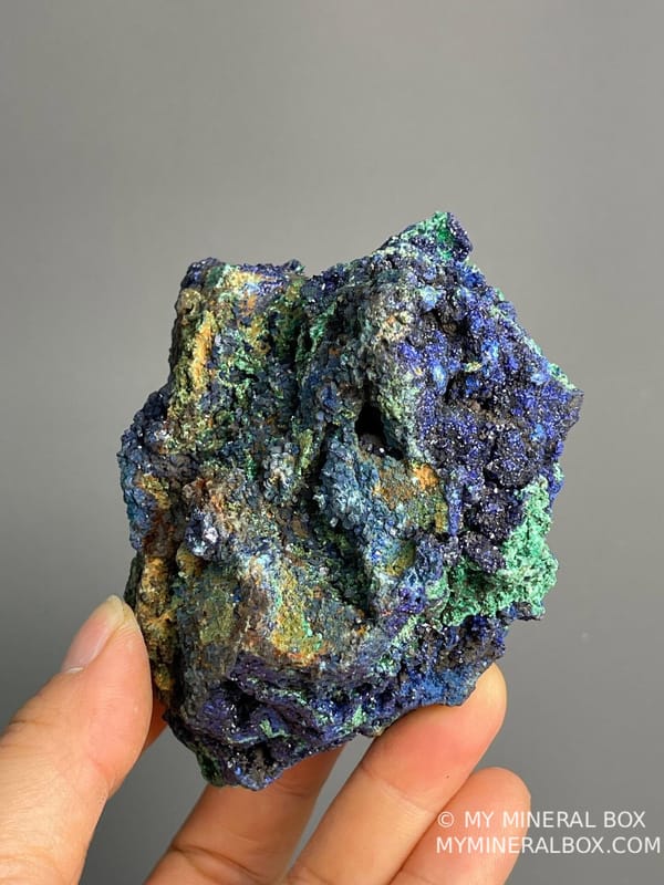 Scale view of 3.51x1.9x3.0 in azurite malachite specimen