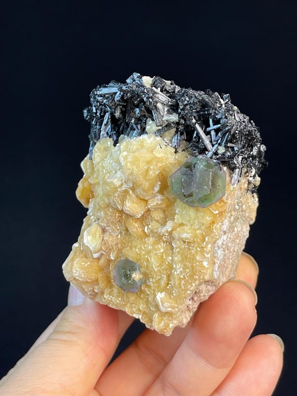 Calcite with tourmaline and fluorite combination, Namibia
