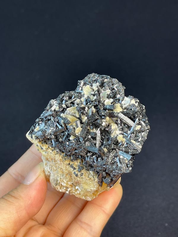 Close-up of black tourmaline on white calcite, Namibia