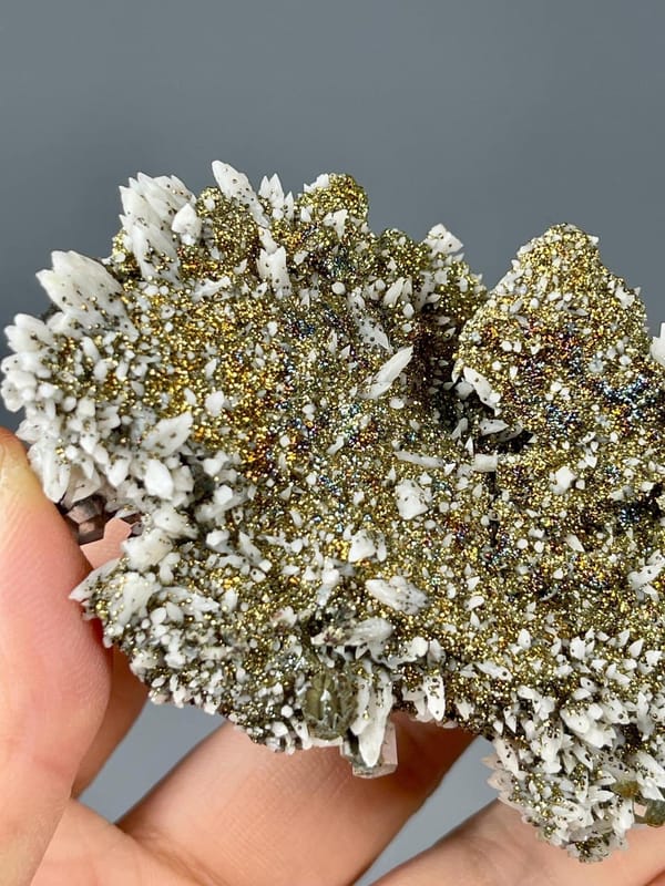Close-up of native copper inclusions in calcite crystal
