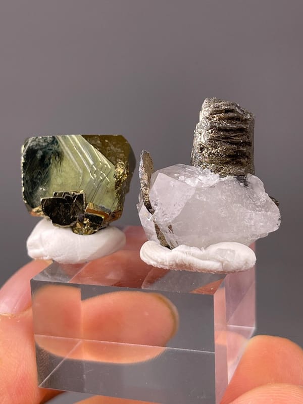 Front view of chalcopyrite and iron ore specimen set