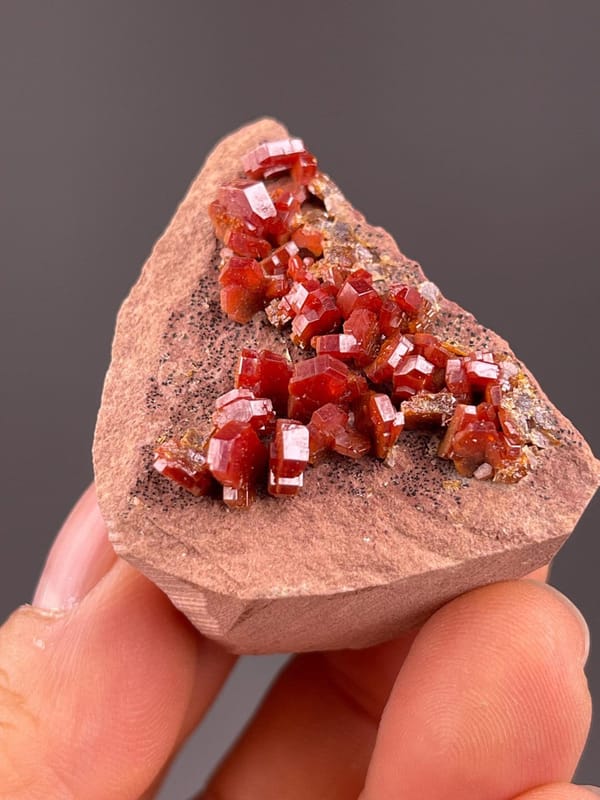 Fiery red vanadinite color under studio lighting