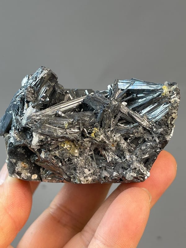 Top view of metallic stibnite crystal cluster, Hunan