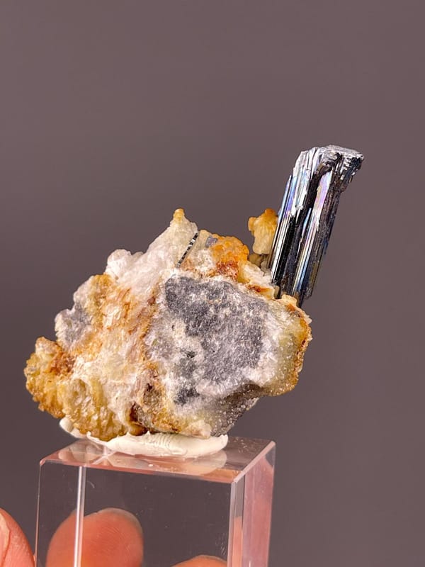 Brilliant metallic stibnite crystal emerging from matrix