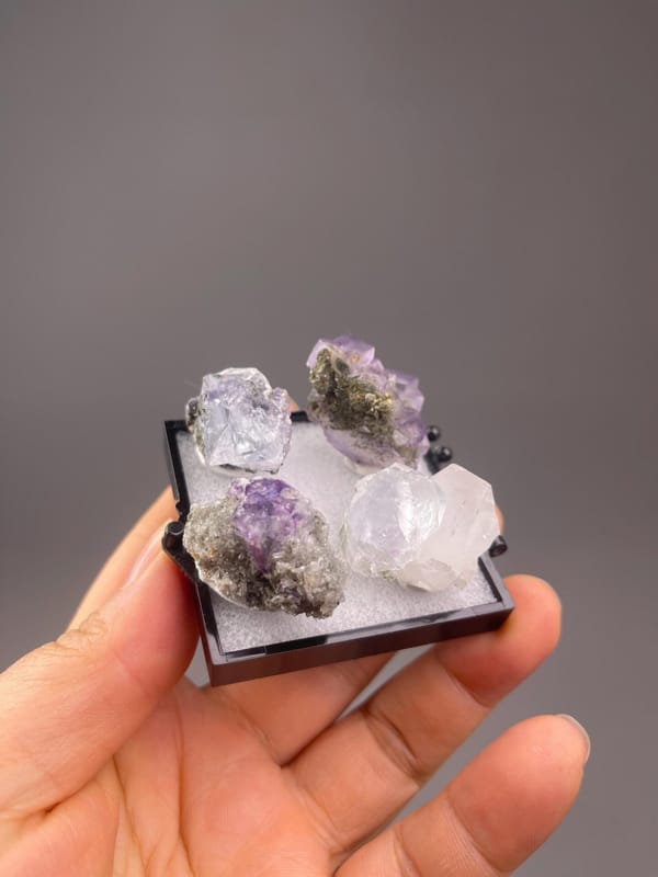 Top view of four purple fluorite crystals together