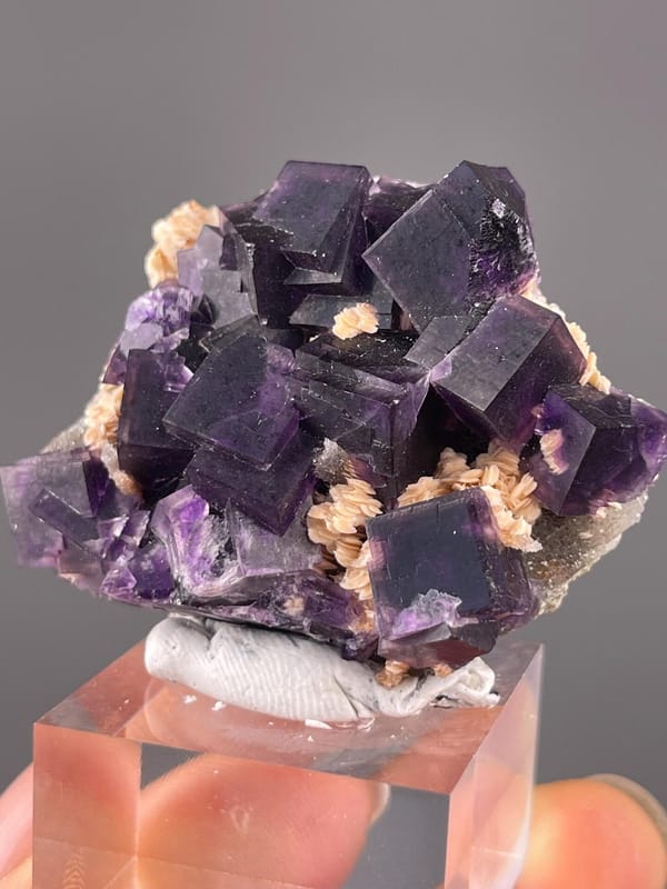 White calcite matrix with purple fluorite crystals