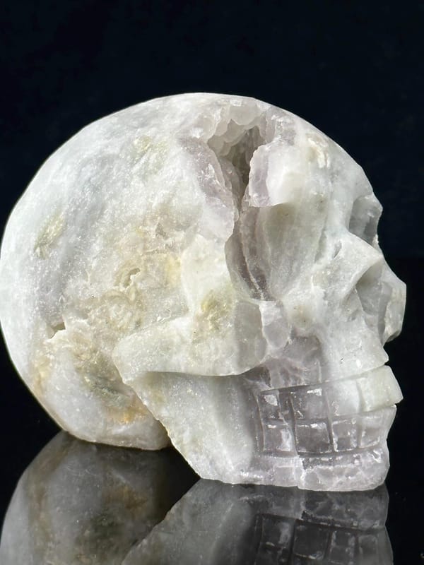 Close-up of metallic pyrite shimmer in fluorite skull