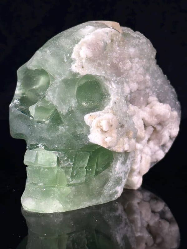 Front view of hand-carved green fluorite crystal skull
