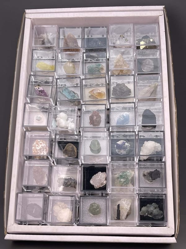 Collection overview of 35 mixed mineral specimens, perky box set