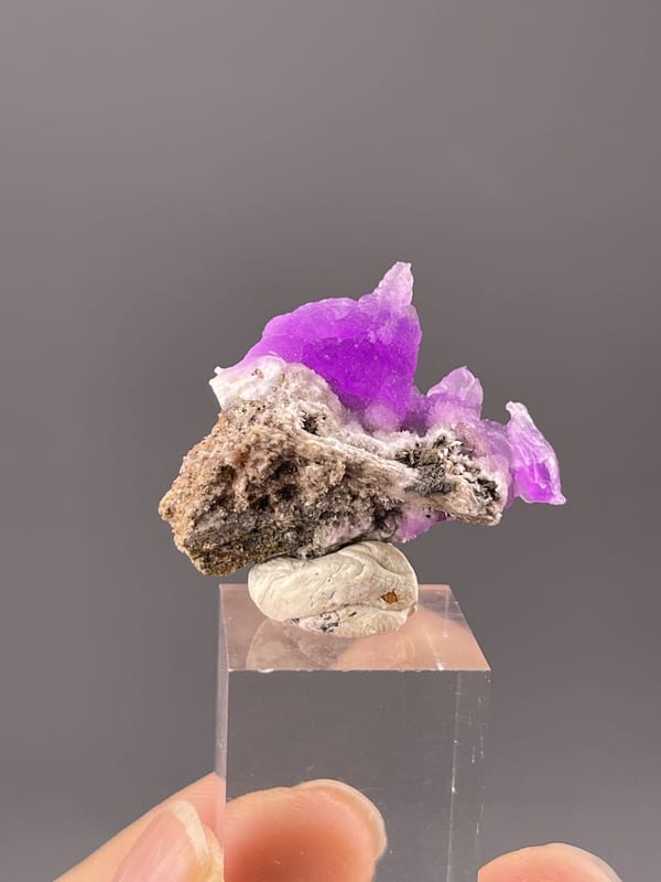 Close-up of pink rhodochrosite showing fibrous crystal texture