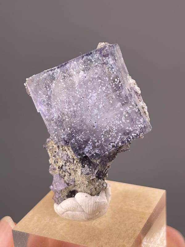 Close-up of cubic fluorite faces showing purple colour and transparency