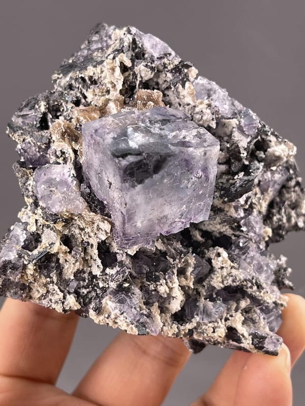 Purple Fluorite Crystals with Phantom Zones from Yaogangxian – scale reference view