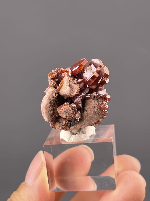 Close-up of vanadinite crystals showing deep red colour