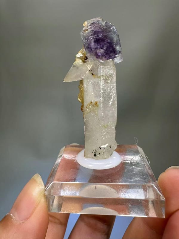 Quartz Fluorite Calcite Combination Yaogangxian Hunan - Purple Fluorite on Clear Quartz Column Thumbnail Specimen - SKU H1027